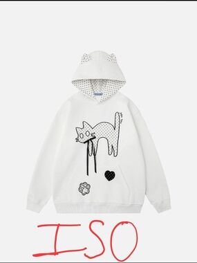 White Cat Graphic Hoodie with Polka Dot Hood